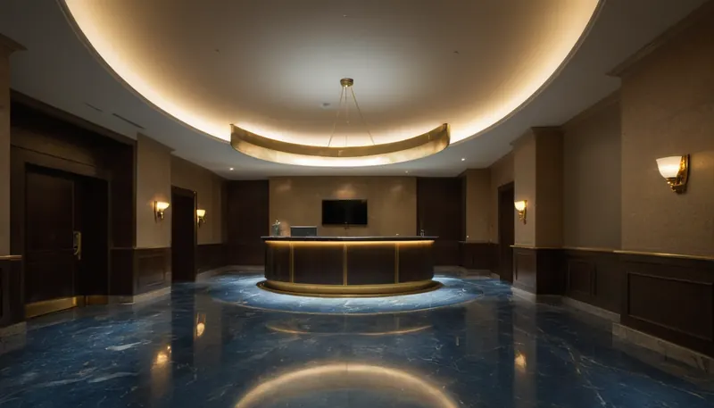 Gece mavi mermer zeminli otel lobisi (temsili)