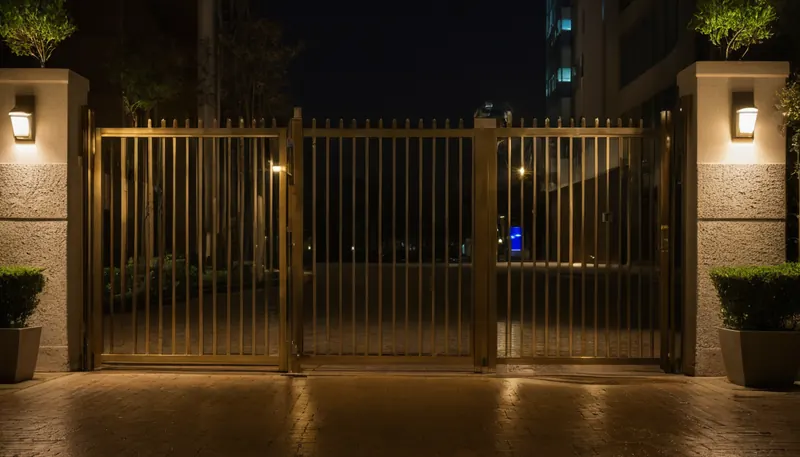 Gece ışıklandırılmış site giriş kapısı